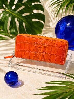 Genuine Crocodile Leather Zip Around Wallet – Vibrant Orange Exotic Long Wallet